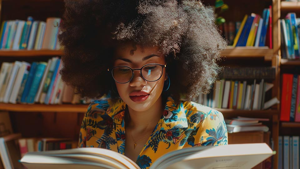 Frau mit Afro, POC, liest ein Buch